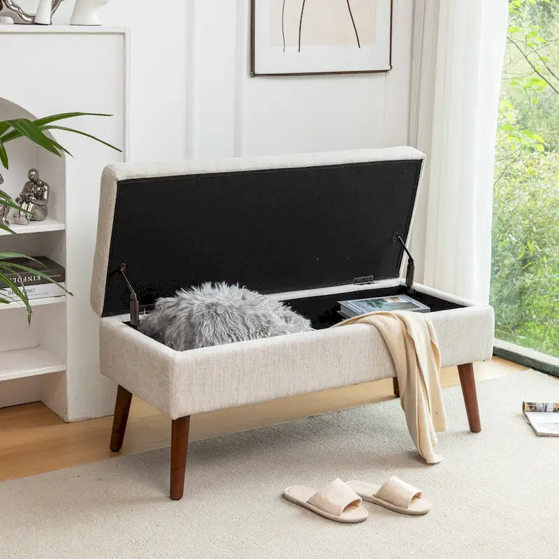 Linen Tufted Storage Bench with Safety Hinge and Wood Legs
