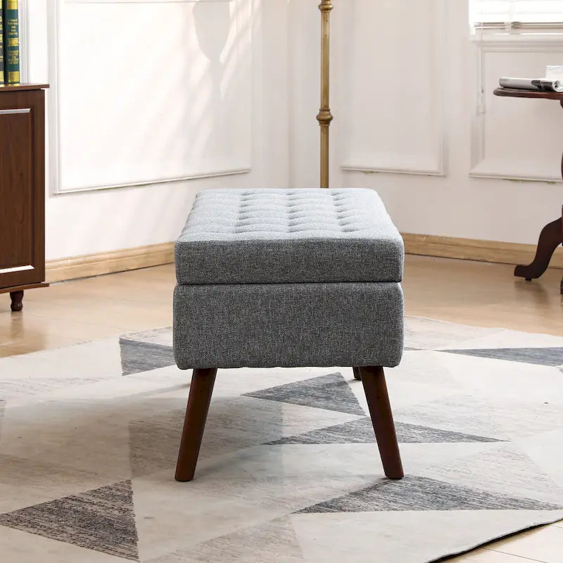 Linen Tufted Storage Bench with Safety Hinge and Wood Legs