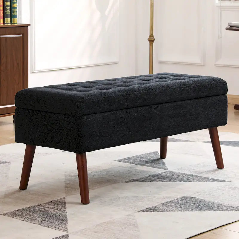 Linen Tufted Storage Bench with Safety Hinge and Wood Legs