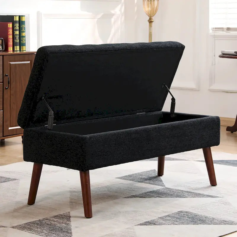 Linen Tufted Storage Bench with Safety Hinge and Wood Legs