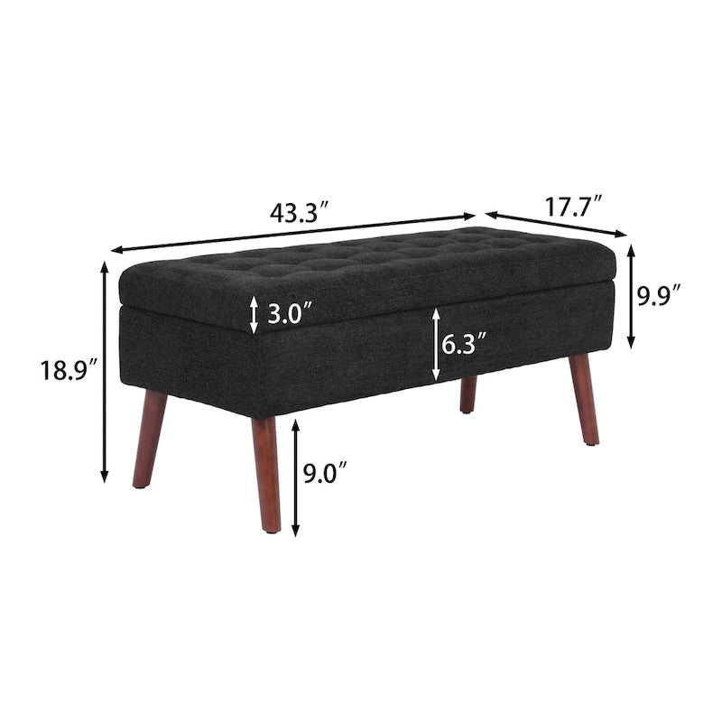 Linen Tufted Storage Bench with Safety Hinge and Wood Legs