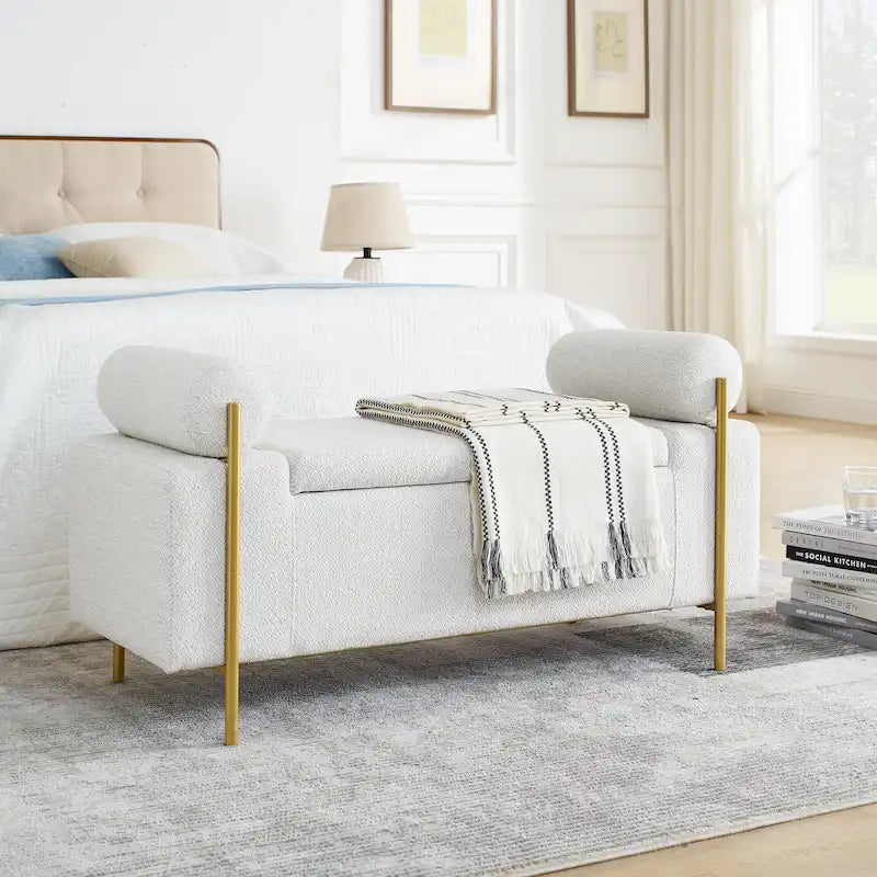 Linen Upholstered Storage Bench with Cylindrical Arms and Gold Metal Legs, 44x17x23