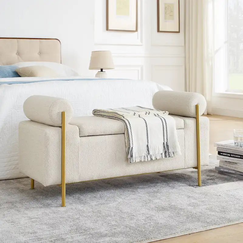 Linen Upholstered Storage Bench with Cylindrical Arms and Gold Metal Legs, 44x17x23