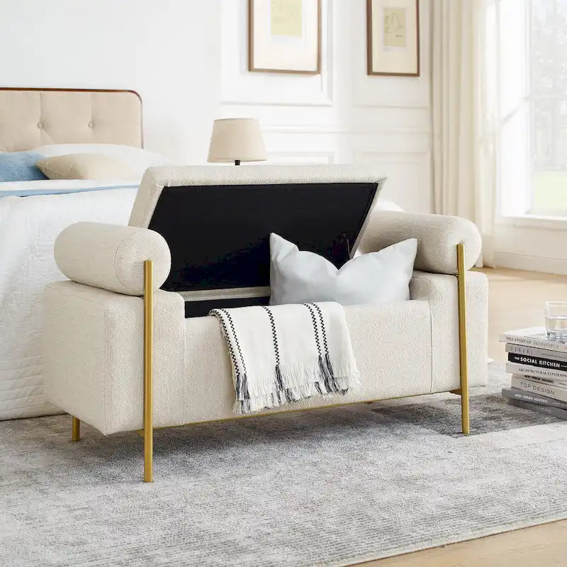 Linen Upholstered Storage Bench with Cylindrical Arms and Gold Metal Legs, 44x17x23