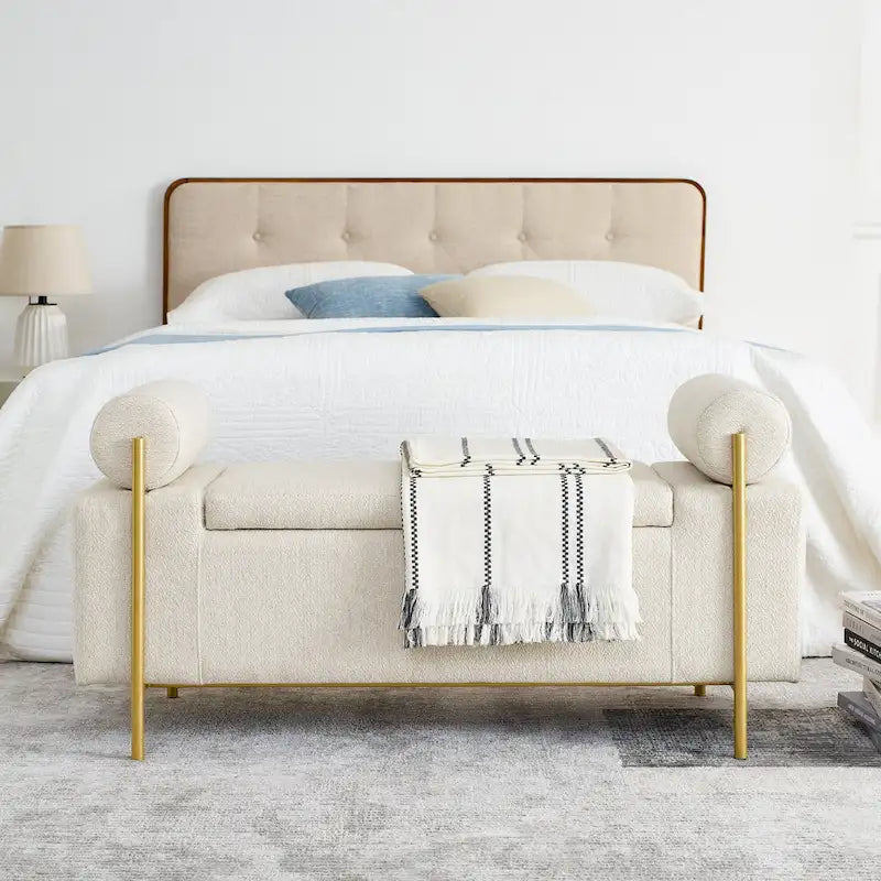 Linen Upholstered Storage Bench with Cylindrical Arms and Gold Metal Legs, 44x17x23