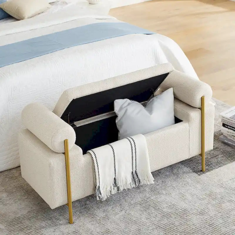 Linen Upholstered Storage Bench with Cylindrical Arms and Gold Metal Legs, 44x17x23