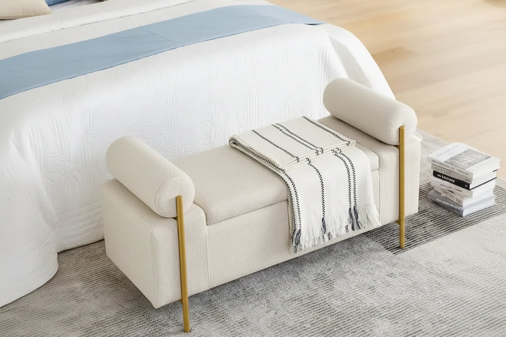 Linen Upholstered Storage Bench with Cylindrical Arms and Gold Metal Legs, 44x17x23