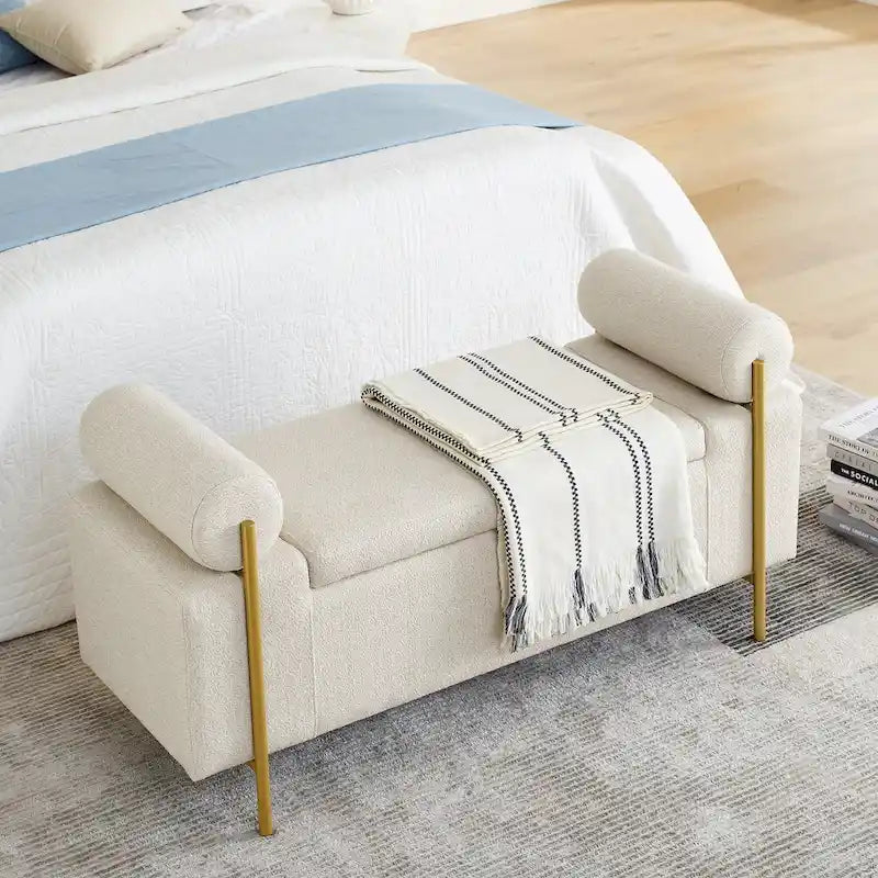 Linen Upholstered Storage Bench with Cylindrical Arms and Gold Metal Legs, 44x17x23