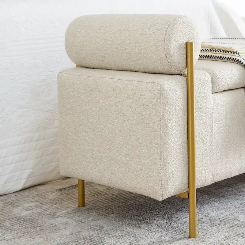 Linen Upholstered Storage Bench with Cylindrical Arms and Gold Metal Legs, 44x17x23