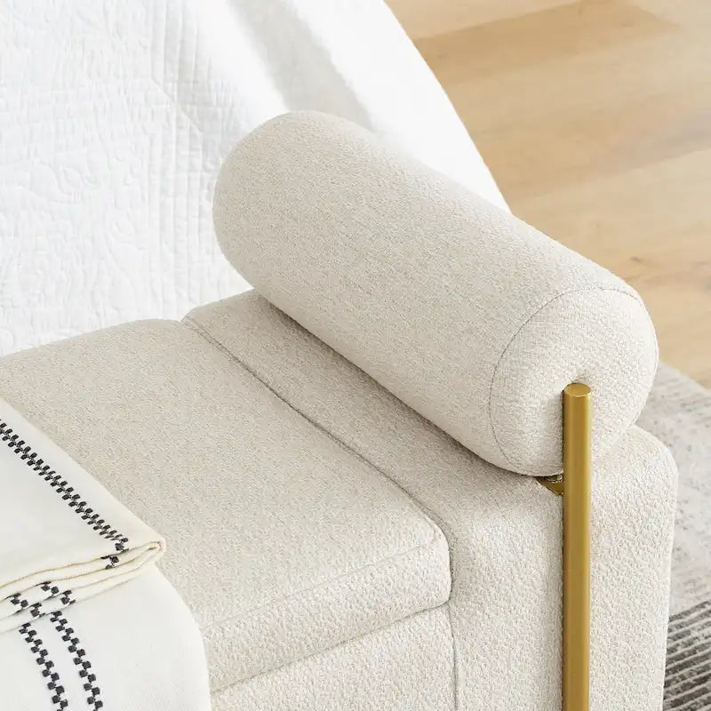 Linen Upholstered Storage Bench with Cylindrical Arms and Gold Metal Legs, 44x17x23