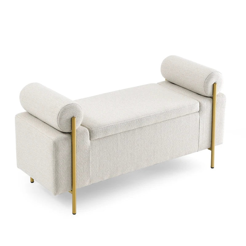 Linen Upholstered Storage Bench with Cylindrical Arms and Gold Metal Legs, 44x17x23