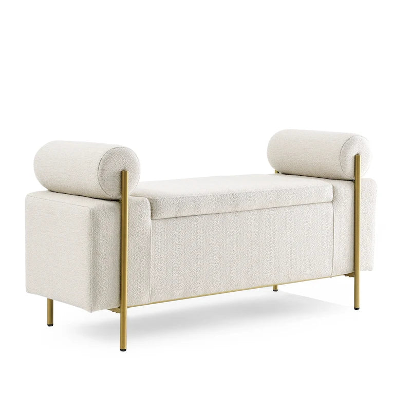 Linen Upholstered Storage Bench with Cylindrical Arms and Gold Metal Legs, 44x17x23