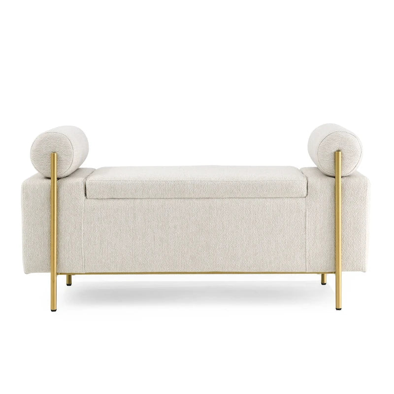 Linen Upholstered Storage Bench with Cylindrical Arms and Gold Metal Legs, 44x17x23