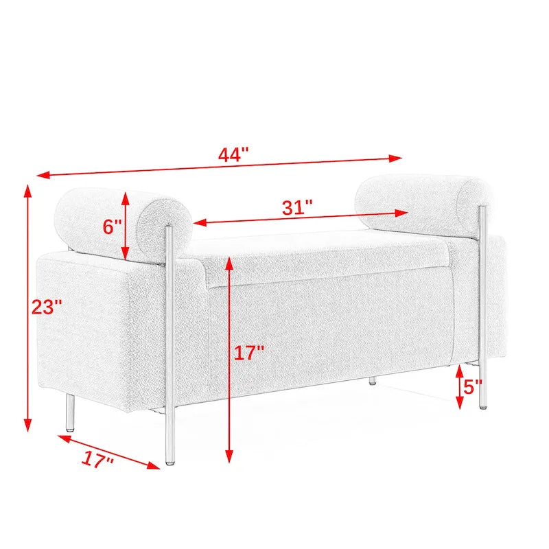 Linen Upholstered Storage Bench with Cylindrical Arms and Gold Metal Legs, 44x17x23