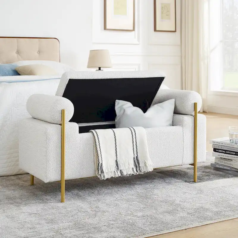 Linen Upholstered Storage Bench with Cylindrical Arms and Gold Metal Legs, 44x17x23