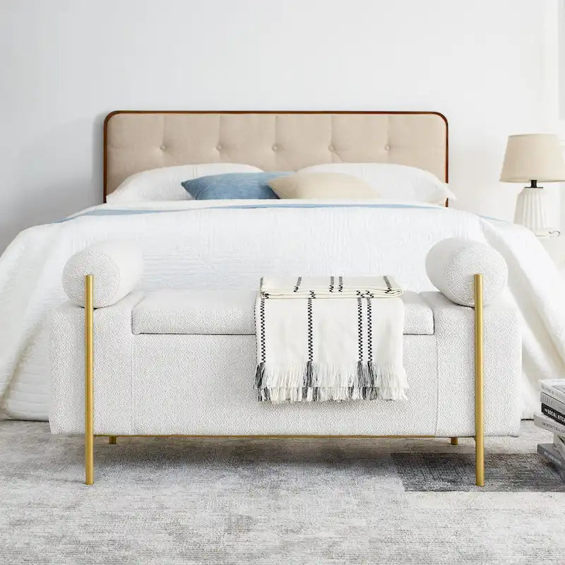 Linen Upholstered Storage Bench with Cylindrical Arms and Gold Metal Legs, 44x17x23