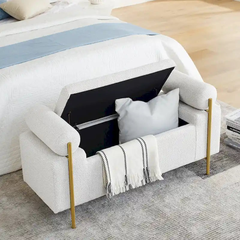 Linen Upholstered Storage Bench with Cylindrical Arms and Gold Metal Legs, 44x17x23