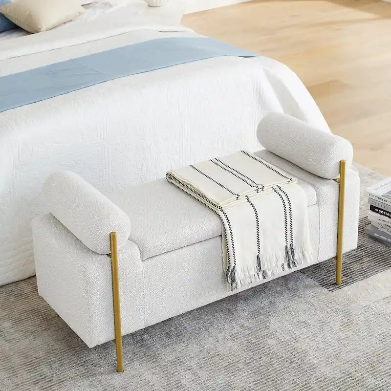 Linen Upholstered Storage Bench with Cylindrical Arms and Gold Metal Legs, 44x17x23