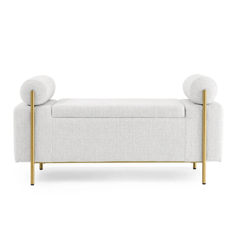 Linen Upholstered Storage Bench with Cylindrical Arms and Gold Metal Legs, 44x17x23