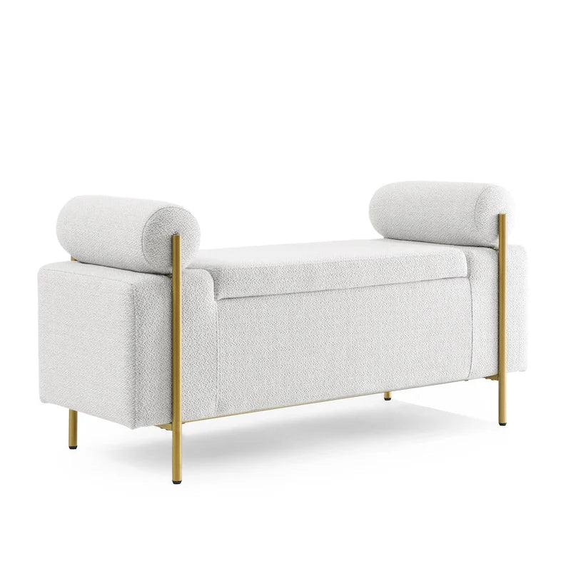 Linen Upholstered Storage Bench with Cylindrical Arms and Gold Metal Legs, 44x17x23