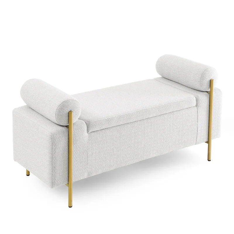 Linen Upholstered Storage Bench with Cylindrical Arms and Gold Metal Legs, 44x17x23