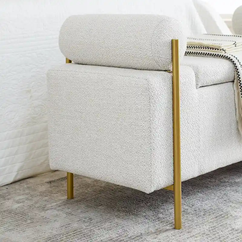 Linen Upholstered Storage Bench with Cylindrical Arms and Gold Metal Legs, 44x17x23