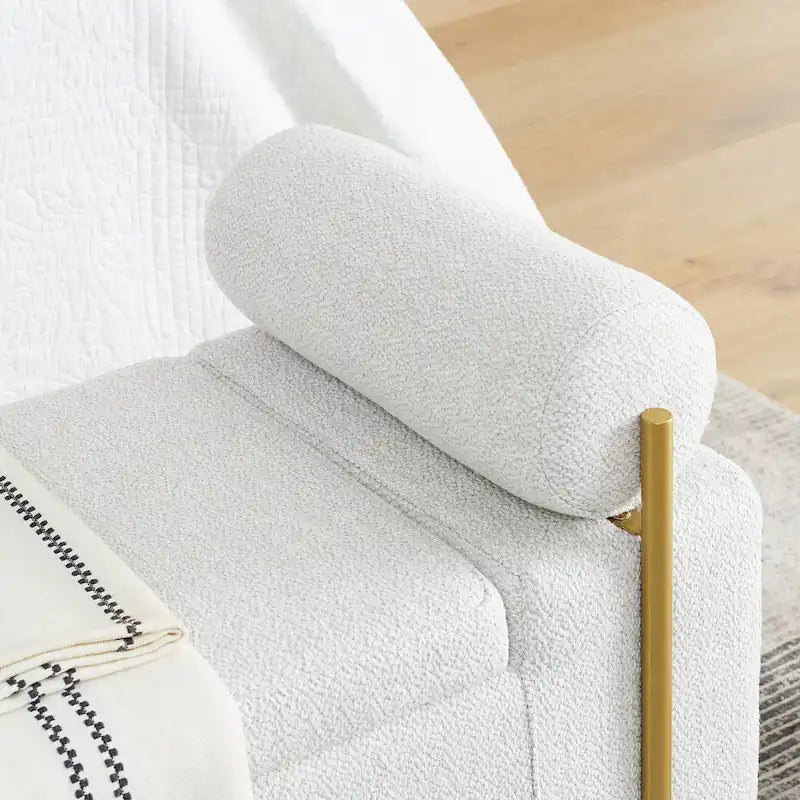 Linen Upholstered Storage Bench with Cylindrical Arms and Gold Metal Legs, 44x17x23
