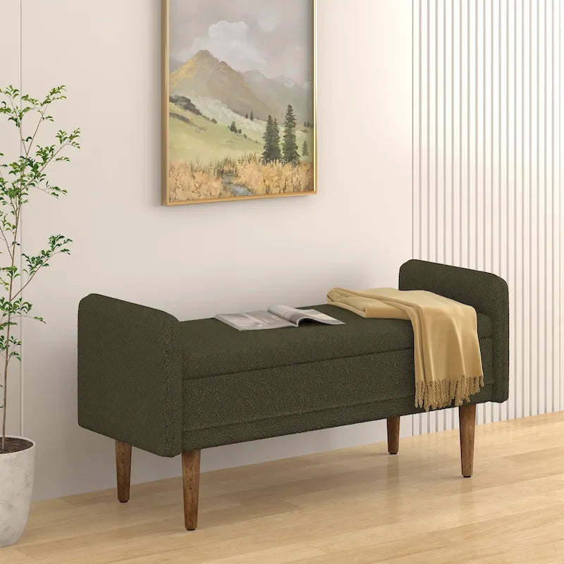Green Linen Fabric Storage Stool with Hidden Storage Space for Apartment, Living Room, Bedroom