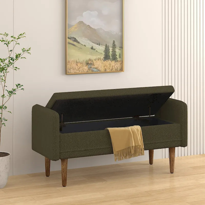 Green Linen Fabric Storage Stool with Hidden Storage Space for Apartment, Living Room, Bedroom
