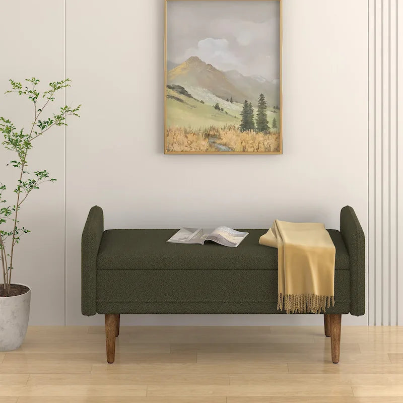 Green Linen Fabric Storage Stool with Hidden Storage Space for Apartment, Living Room, Bedroom