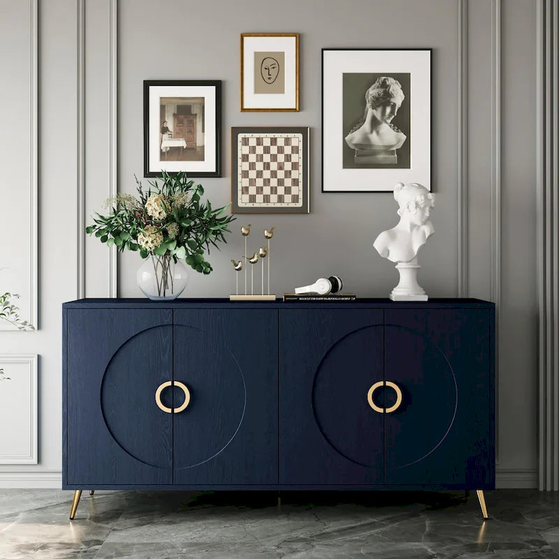 Navy Blue 4-Door Lacquered Wood Sideboard Cabinet for Living Room, Entryway, Hallway, Office