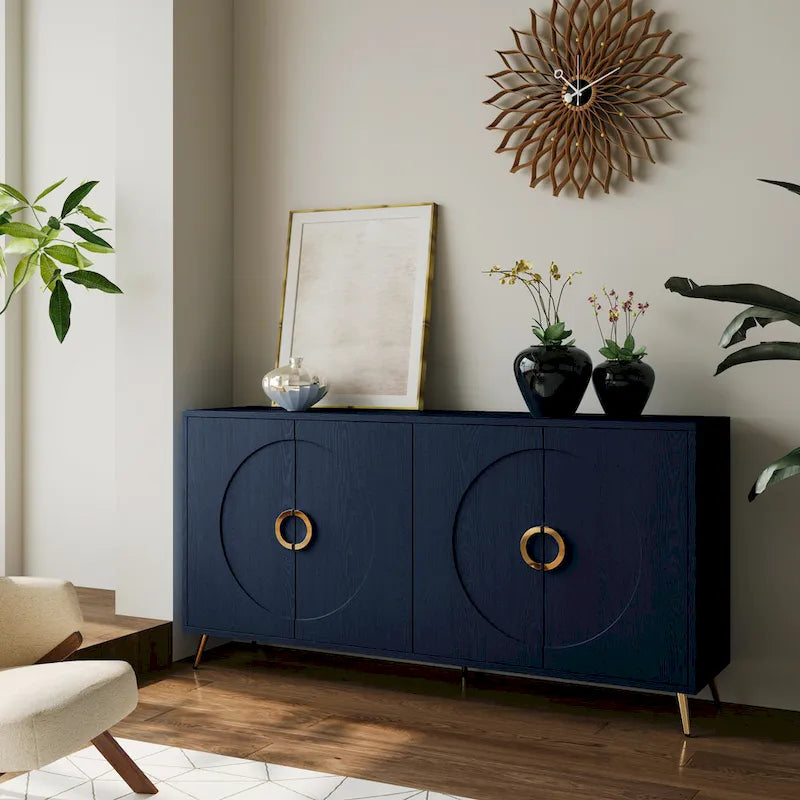 Navy Blue 4-Door Lacquered Wood Sideboard Cabinet for Living Room, Entryway, Hallway, Office