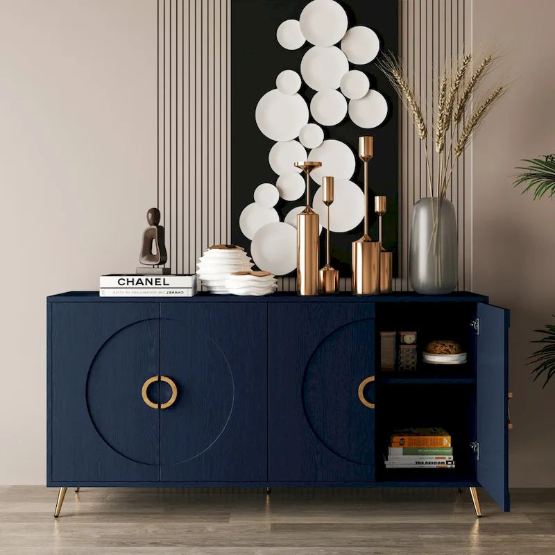 Navy Blue 4-Door Lacquered Wood Sideboard Cabinet for Living Room, Entryway, Hallway, Office
