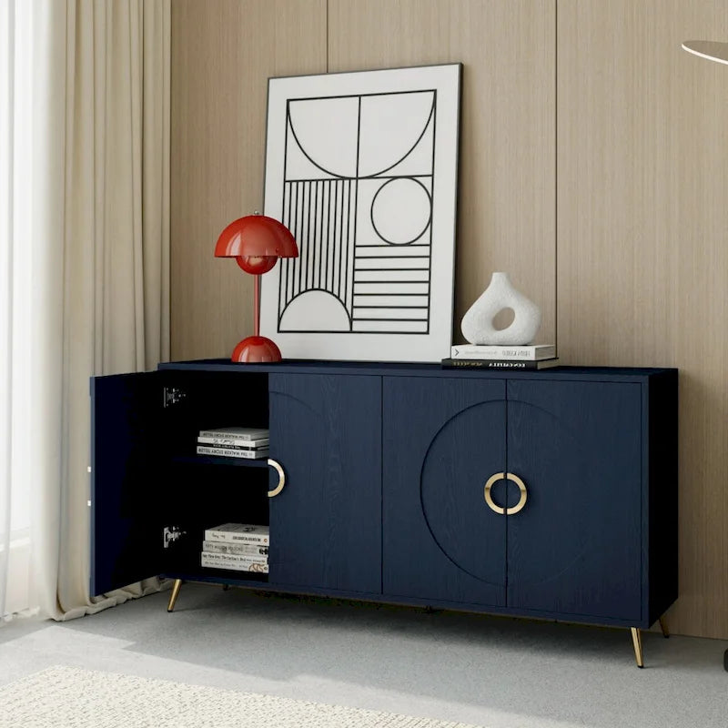 Navy Blue 4-Door Lacquered Wood Sideboard Cabinet for Living Room, Entryway, Hallway, Office
