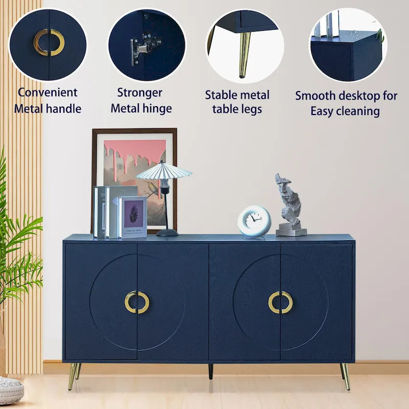 Navy Blue 4-Door Lacquered Wood Sideboard Cabinet for Living Room, Entryway, Hallway, Office