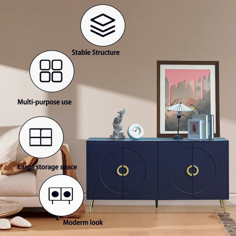 Navy Blue 4-Door Lacquered Wood Sideboard Cabinet for Living Room, Entryway, Hallway, Office
