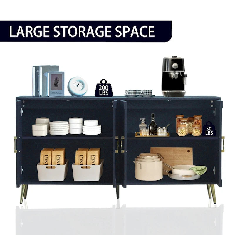 Navy Blue 4-Door Lacquered Wood Sideboard Cabinet for Living Room, Entryway, Hallway, Office