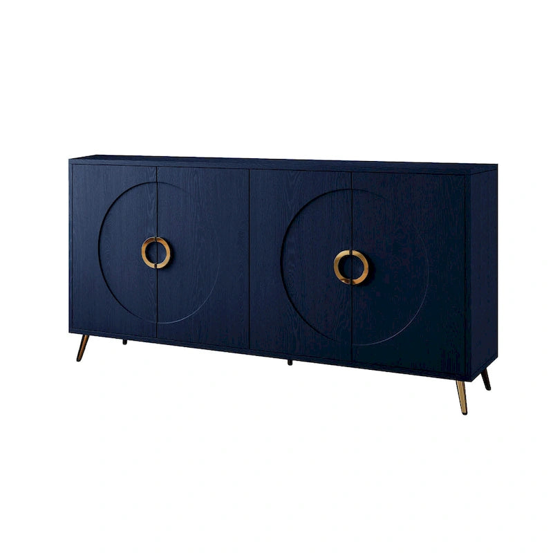 Navy Blue 4-Door Lacquered Wood Sideboard Cabinet for Living Room, Entryway, Hallway, Office