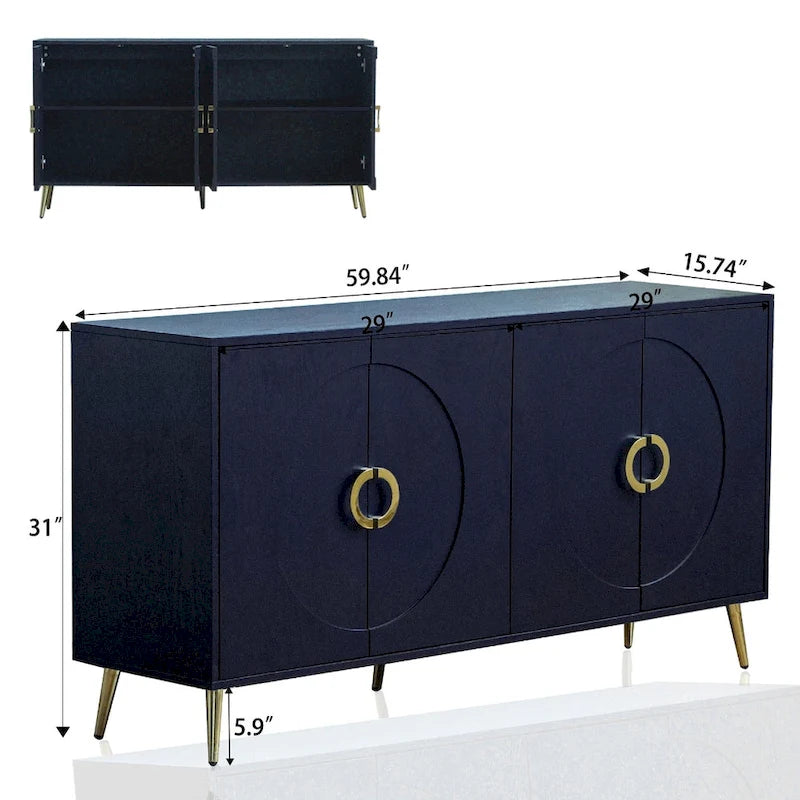 Navy Blue 4-Door Lacquered Wood Sideboard Cabinet for Living Room, Entryway, Hallway, Office