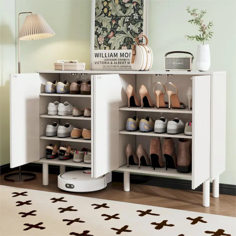 4-Door Fluted Storage Cabinet on 5 Solid Wood Legs with 5 Adjustable Shelves, 55x13.7x35.4