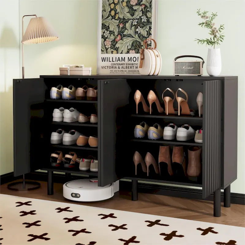 4-Door Fluted Storage Cabinet on 5 Solid Wood Legs with 5 Adjustable Shelves, 55x13.7x35.4