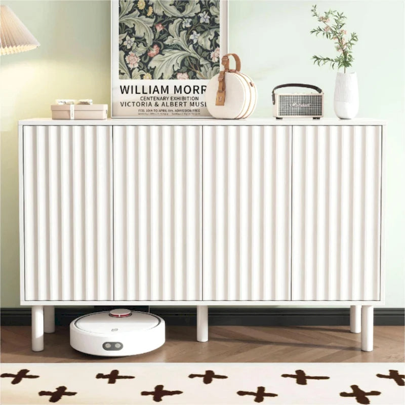 4-Door Fluted Storage Cabinet on 5 Solid Wood Legs with 5 Adjustable Shelves, 55x13.7x35.4