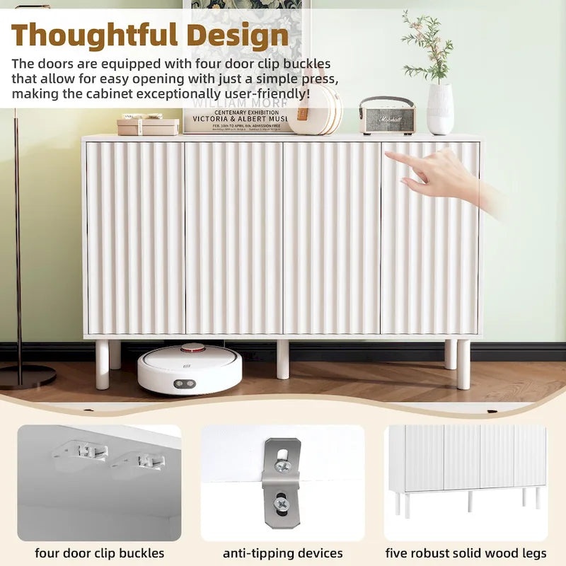 4-Door Fluted Storage Cabinet on 5 Solid Wood Legs with 5 Adjustable Shelves, 55x13.7x35.4