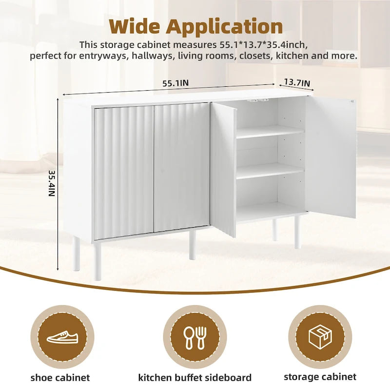 4-Door Fluted Storage Cabinet on 5 Solid Wood Legs with 5 Adjustable Shelves, 55x13.7x35.4