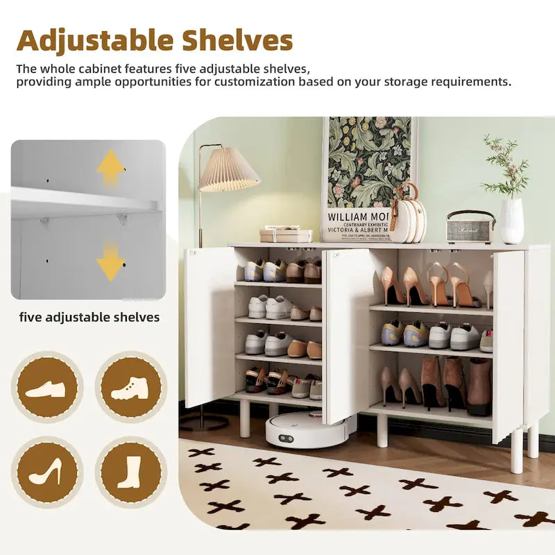 4-Door Fluted Storage Cabinet on 5 Solid Wood Legs with 5 Adjustable Shelves, 55x13.7x35.4