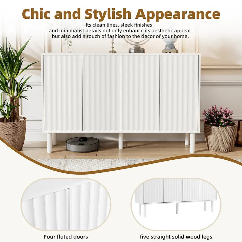 4-Door Fluted Storage Cabinet on 5 Solid Wood Legs with 5 Adjustable Shelves, 55x13.7x35.4