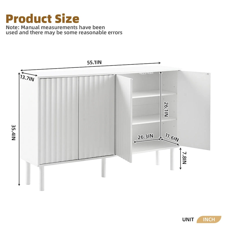 4-Door Fluted Storage Cabinet on 5 Solid Wood Legs with 5 Adjustable Shelves, 55x13.7x35.4