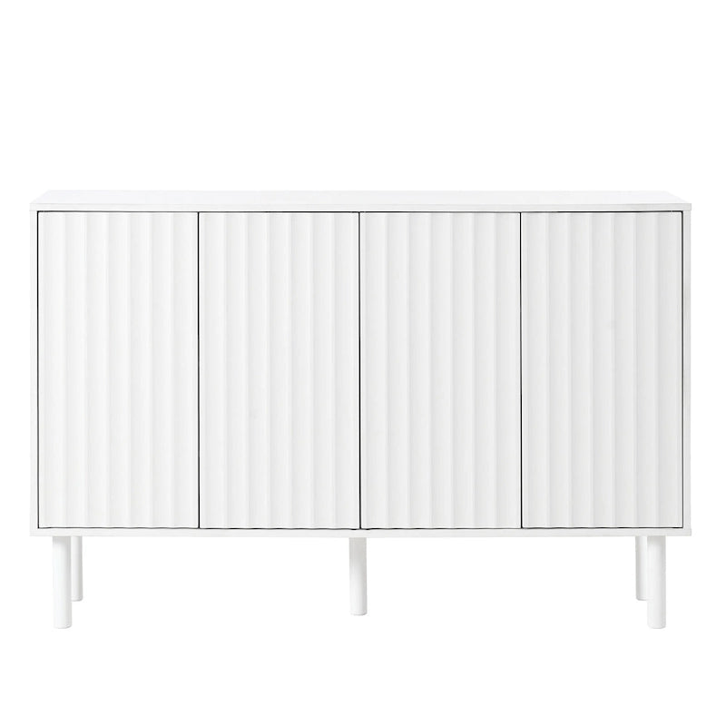 4-Door Fluted Storage Cabinet on 5 Solid Wood Legs with 5 Adjustable Shelves, 55x13.7x35.4
