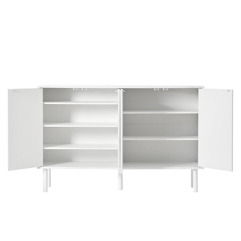 4-Door Fluted Storage Cabinet on 5 Solid Wood Legs with 5 Adjustable Shelves, 55x13.7x35.4