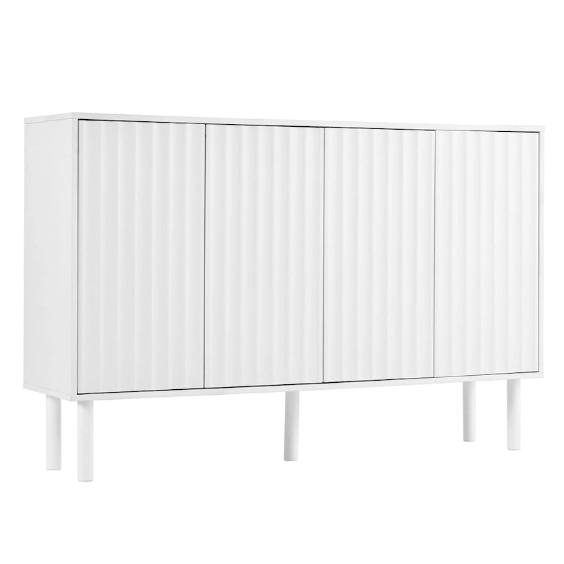 4-Door Fluted Storage Cabinet on 5 Solid Wood Legs with 5 Adjustable Shelves, 55x13.7x35.4